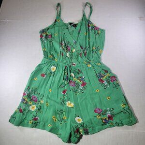 Green Floral Sleeveless Wrap Romper With Adjustable Straps & Elastic Waist By Ex